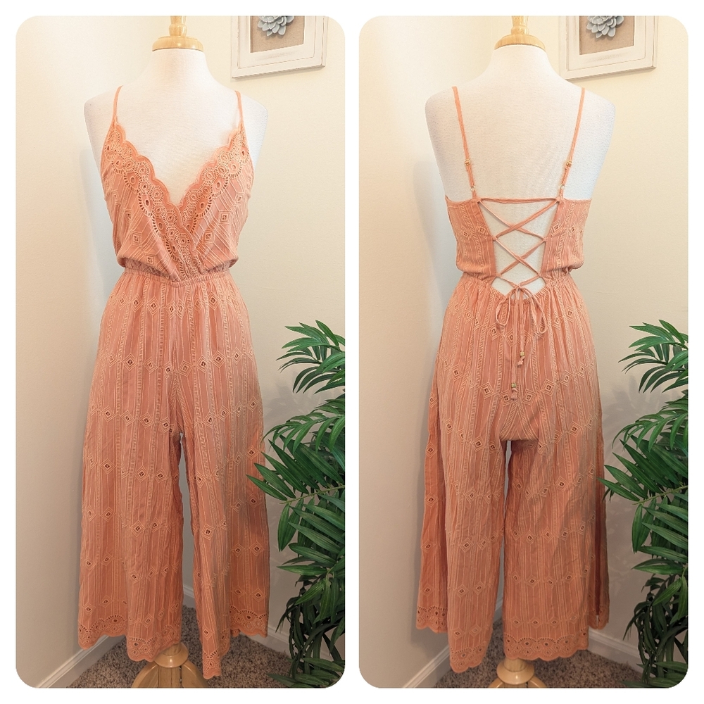 L*Space Ciara Embroidered Lace Summer Jumpsuit Jumper Peach Orange M